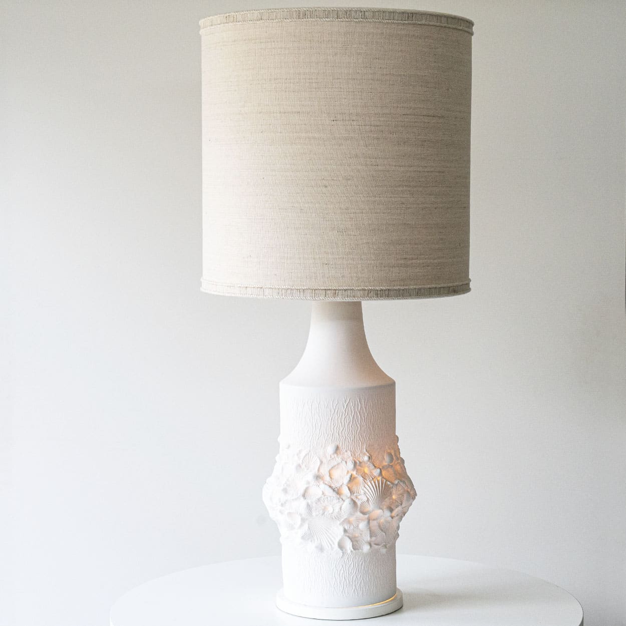 Illuminated Porcelaine Floor Table Lamp, Custom Made Silk Lampshade R. Houben