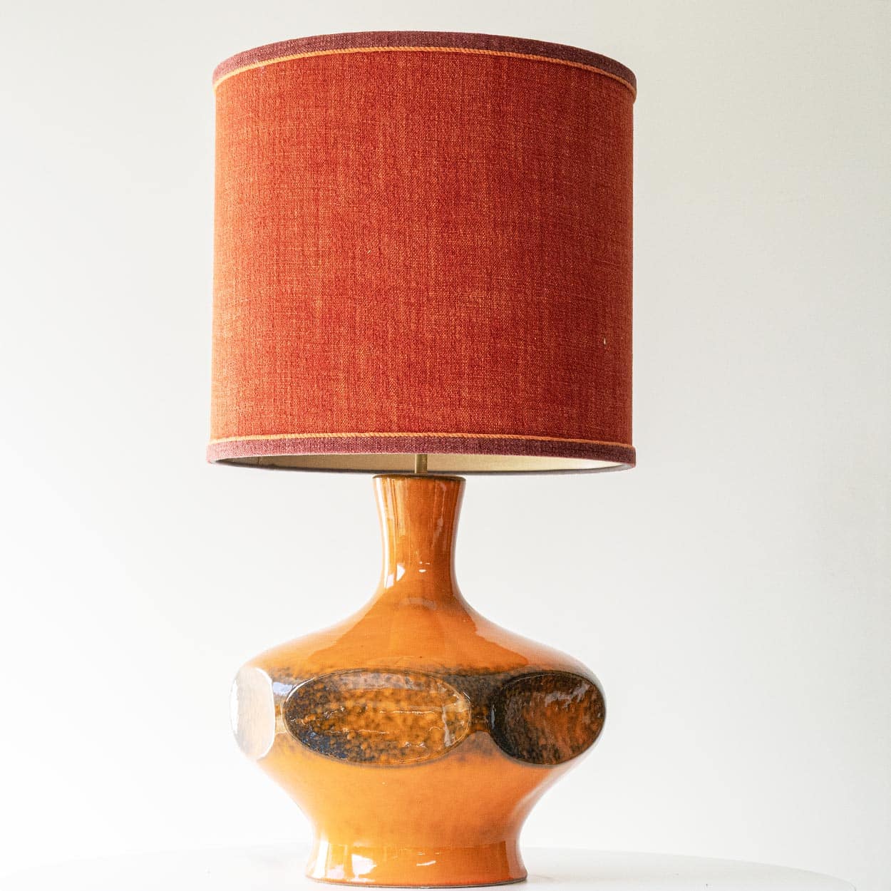Orange Ceramic Table Lamp, Custom Made Silk Lampshade by R. Houben