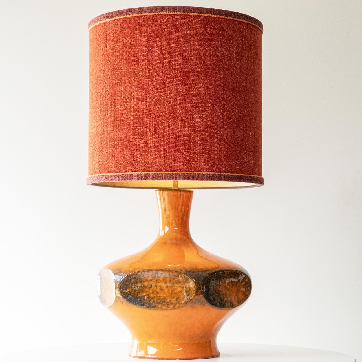 Orange Ceramic Table Lamp, Custom Made Silk Lampshade by R. Houben