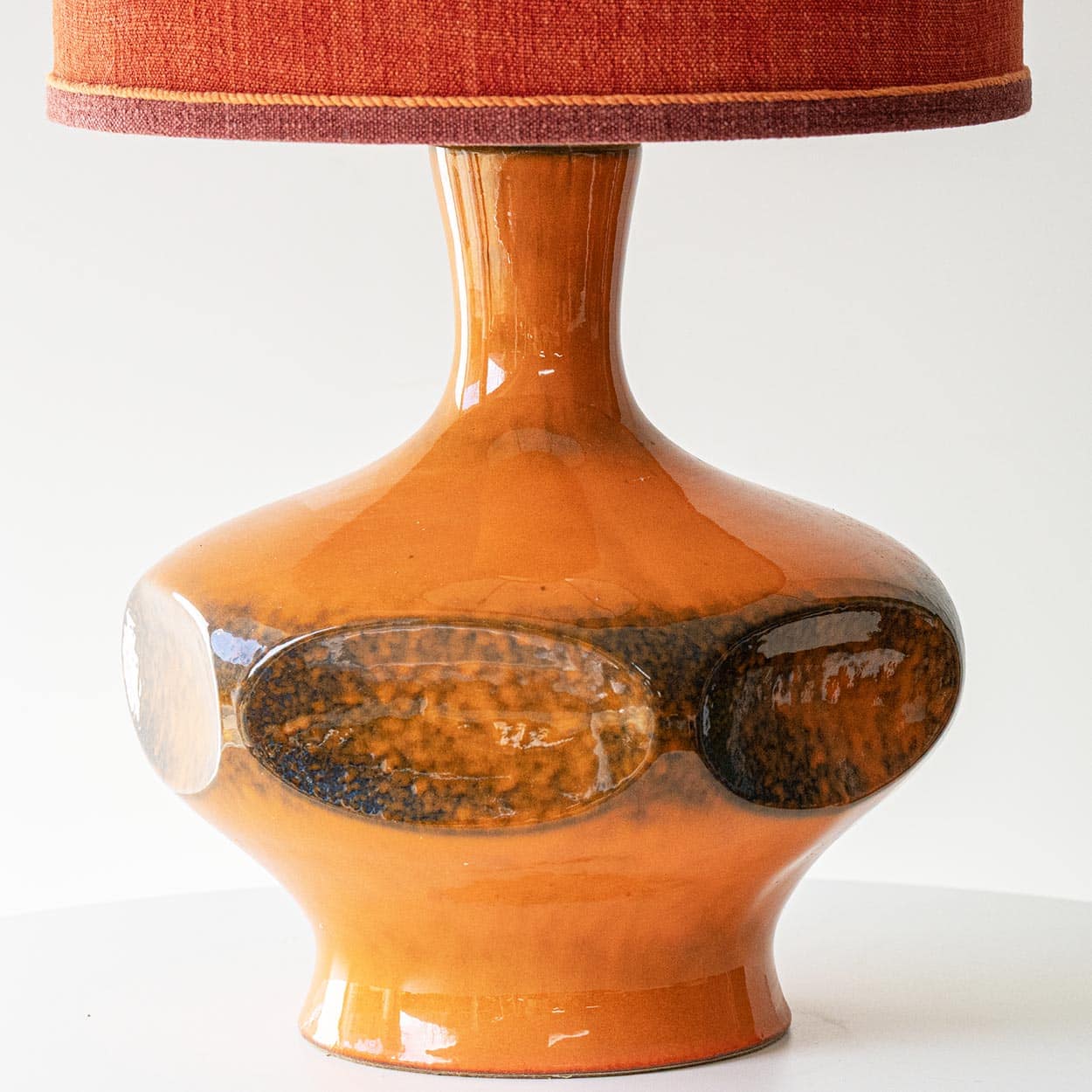 Orange Ceramic Table Lamp, Custom Made Silk Lampshade by R. Houben