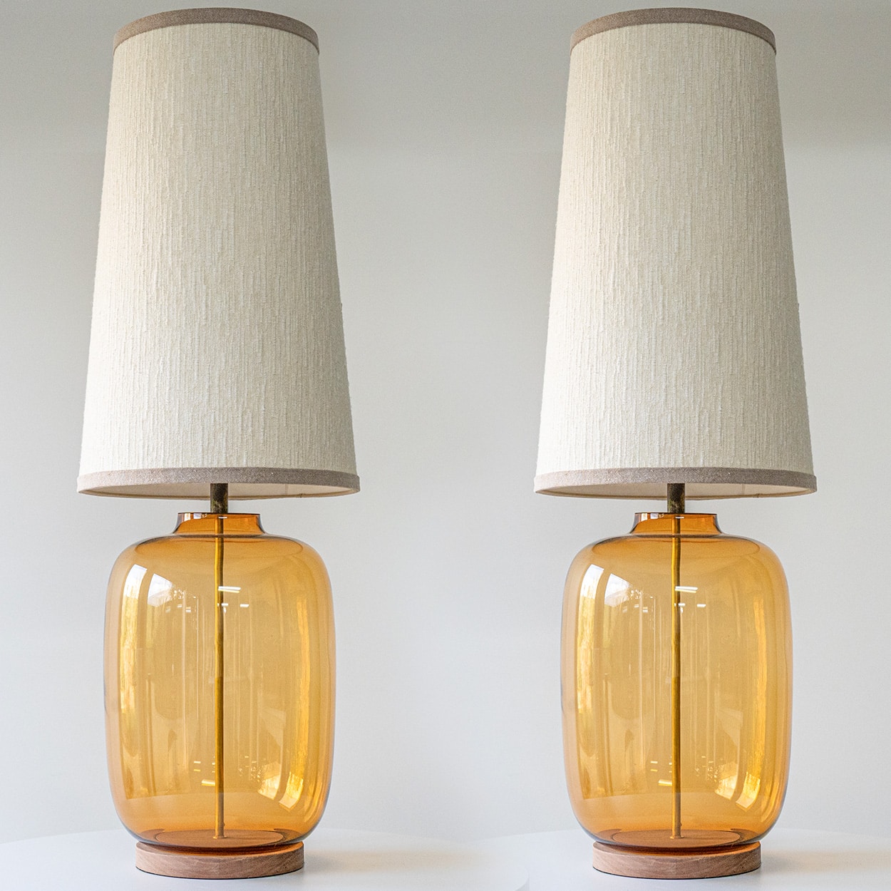 1 of the 2 XL Amber Glass Table Lamps with Silk Lampshades by R. Houben