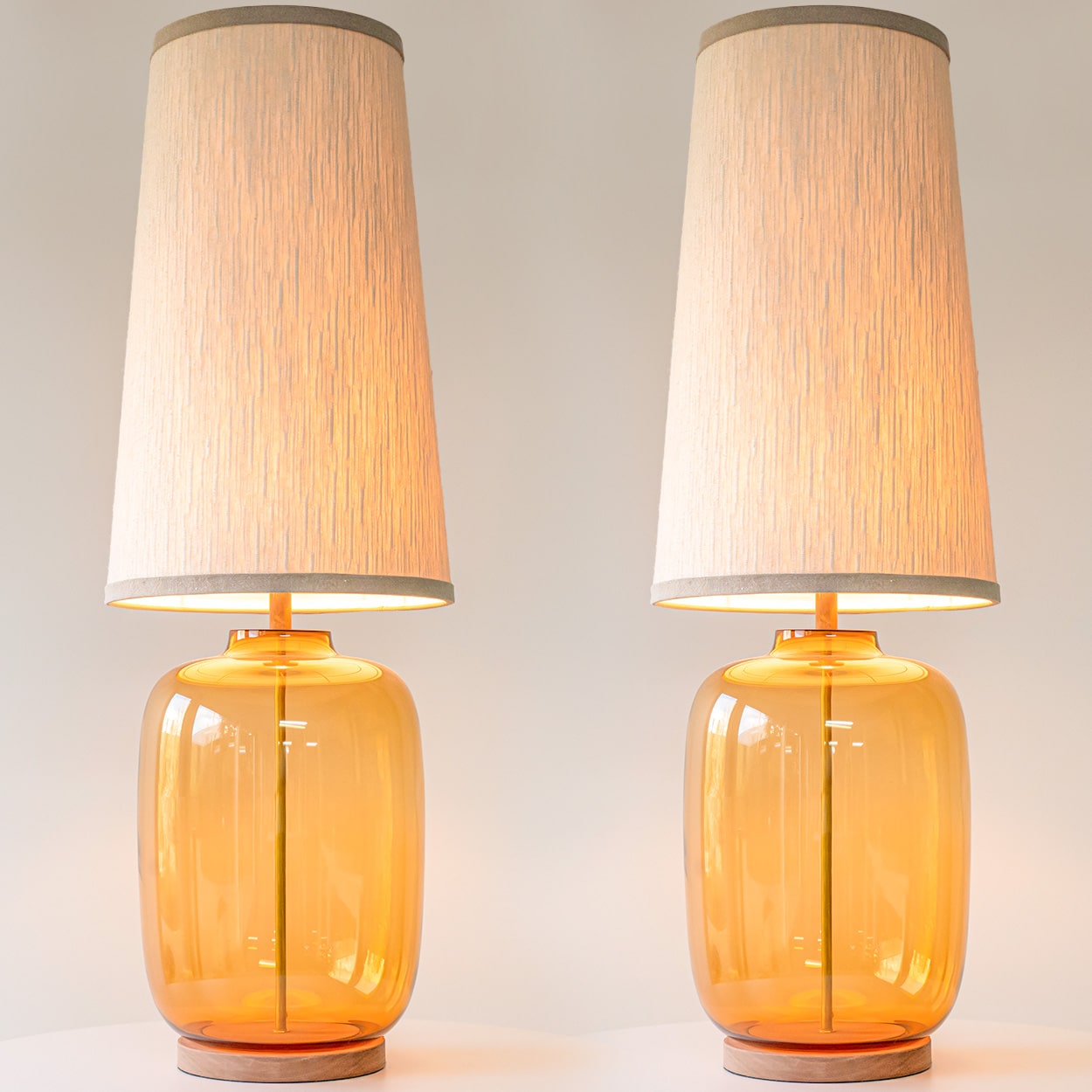 1 of the 2 XL Amber Glass Table Lamps with Silk Lampshades by R. Houben