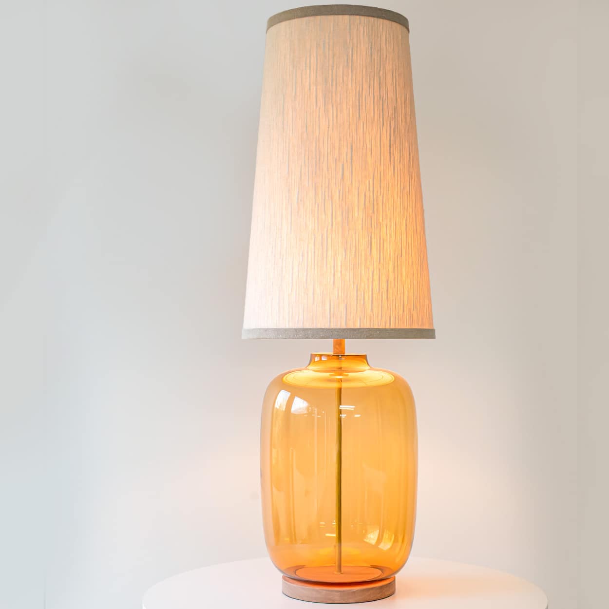 1 of the 2 XL Amber Glass Table Lamps with Silk Lampshades by R. Houben