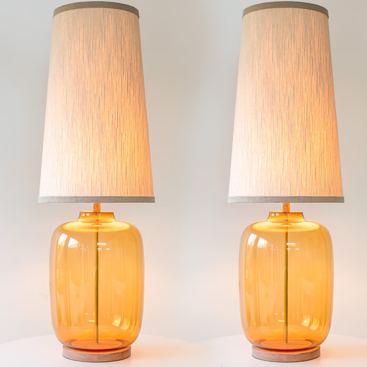 1 of the 2 XL Amber Glass Table Lamps with Silk Lampshades by R. Houben