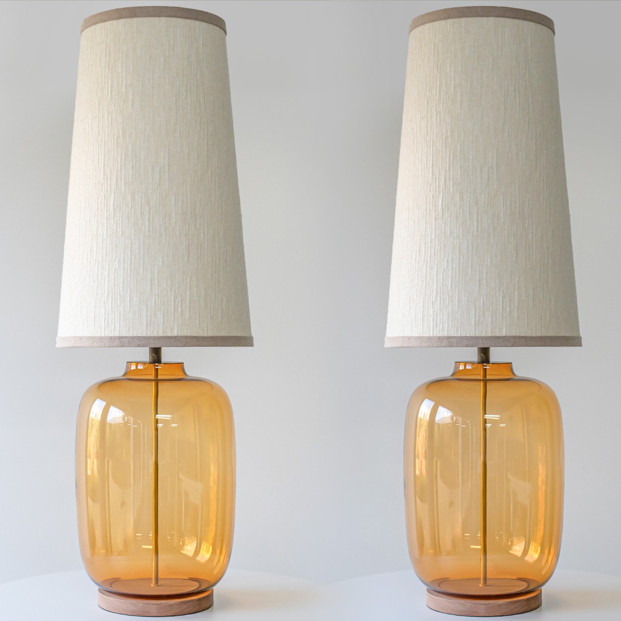 1 of the 2 XL Amber Glass Table Lamps with Silk Lampshades by R. Houben