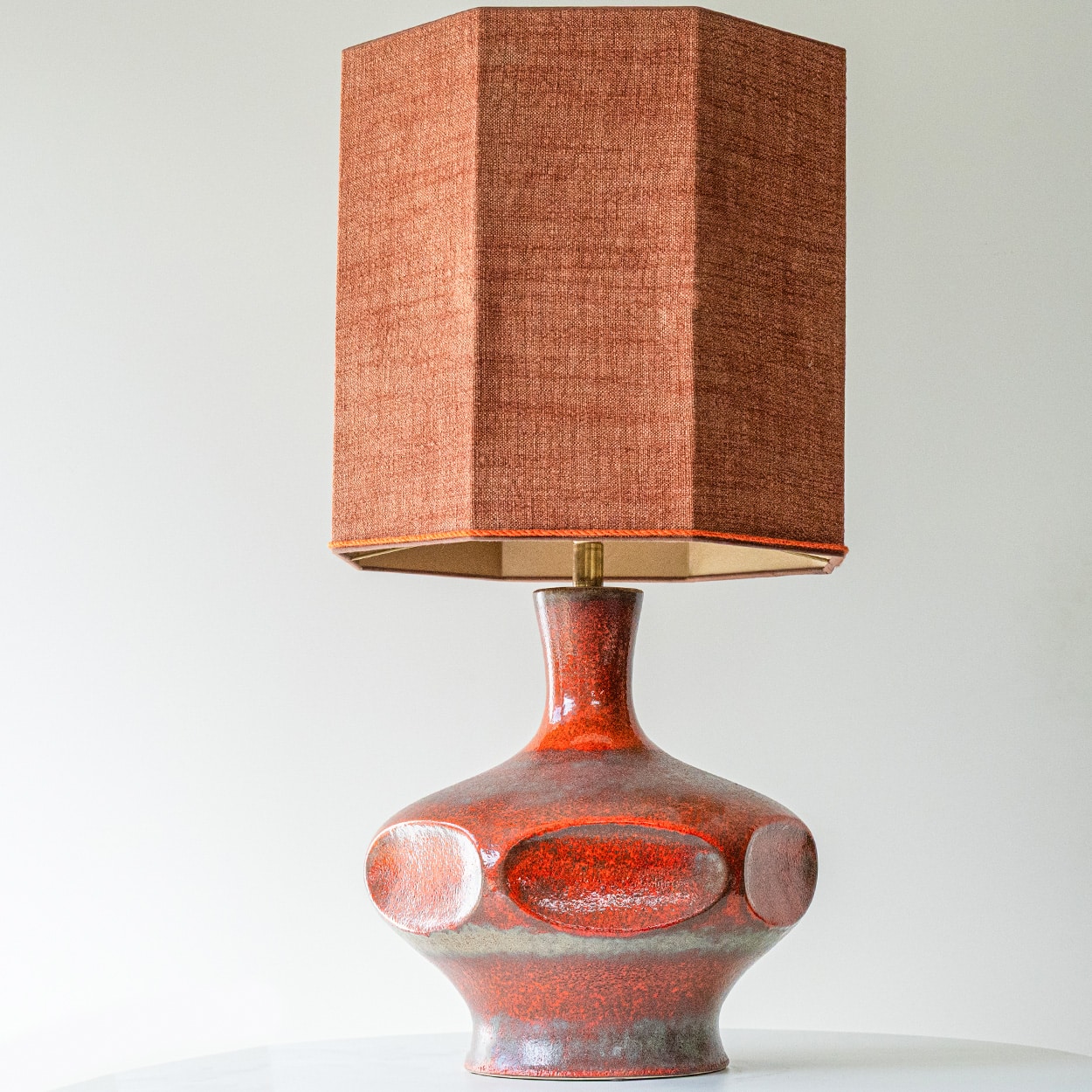 Orange Ceramic Table Lamp, Custom Made Silk Lampshade by R. Houben