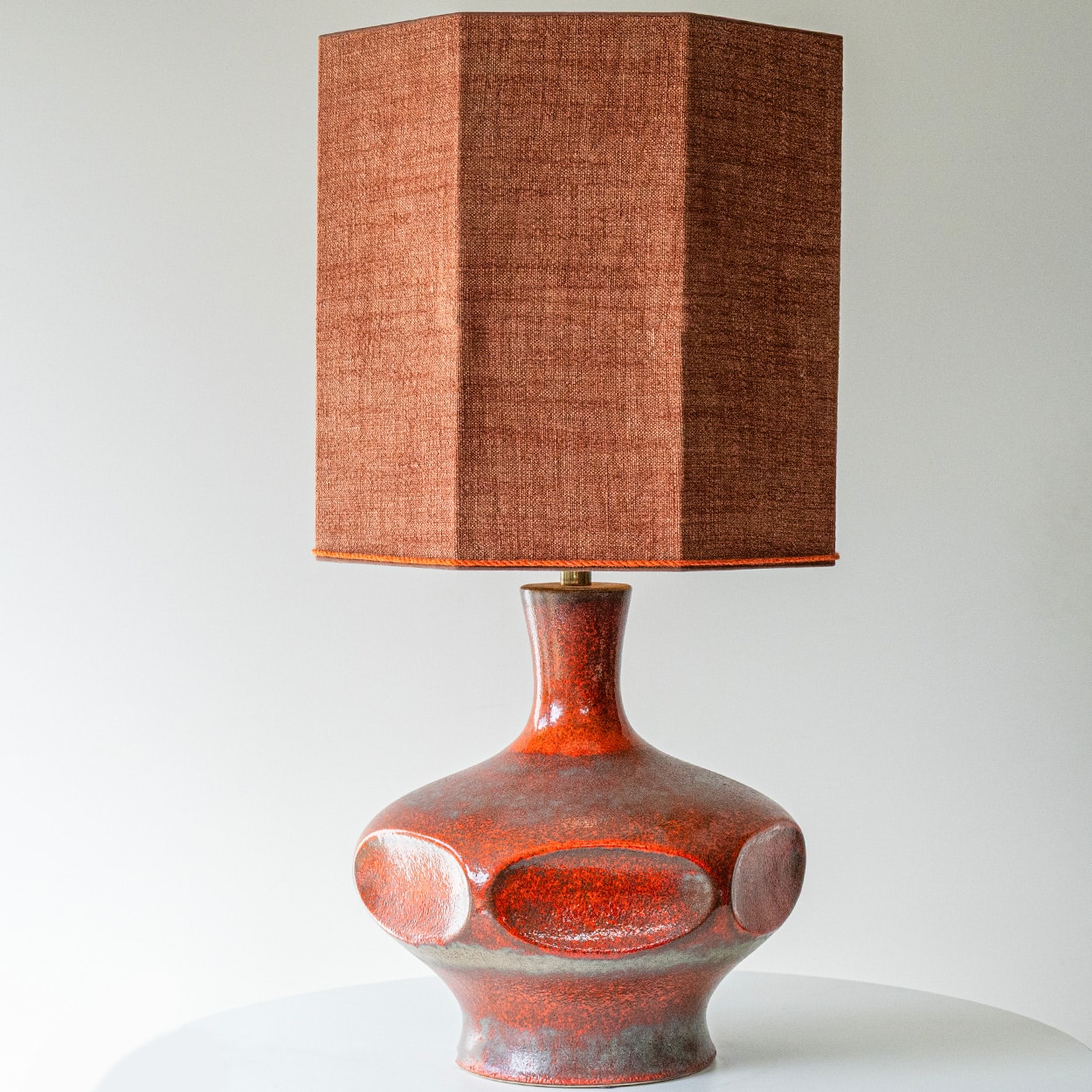 Orange Ceramic Table Lamp, Custom Made Silk Lampshade by R. Houben
