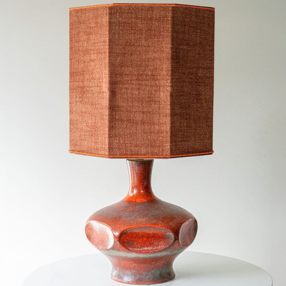 Orange Ceramic Table Lamp, Custom Made Silk Lampshade by R. Houben