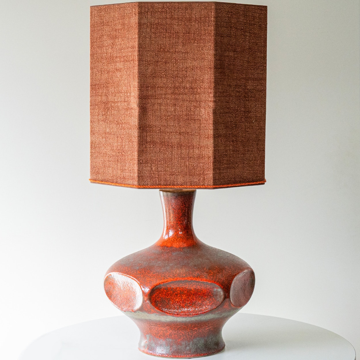 Orange Ceramic Table Lamp, Custom Made Silk Lampshade by R. Houben