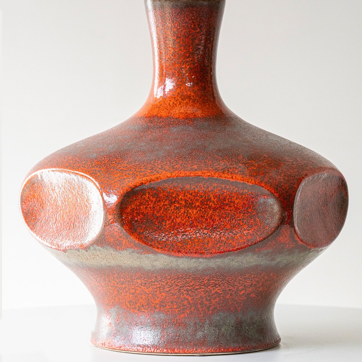 Orange Ceramic Table Lamp, Custom Made Silk Lampshade by R. Houben