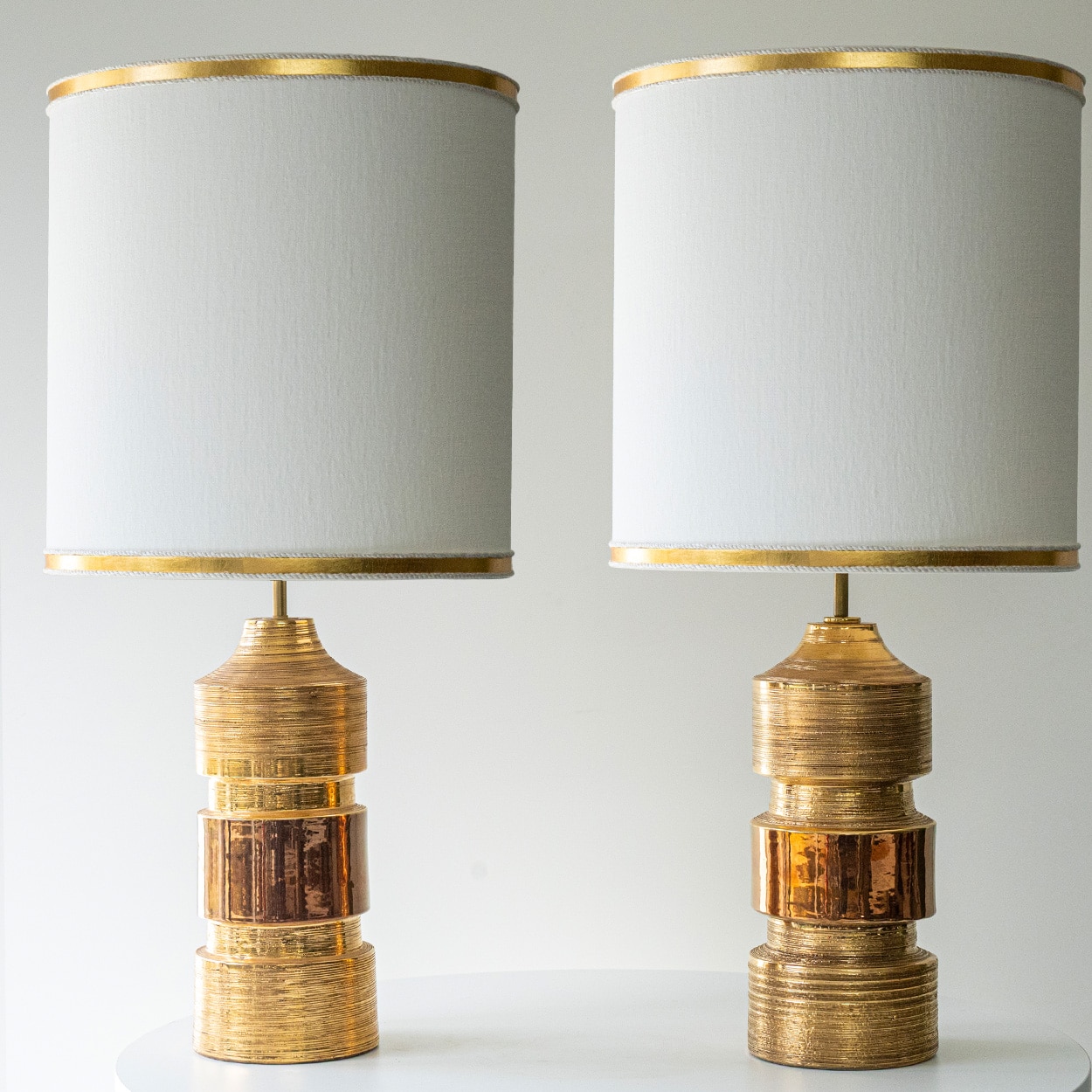 1 of the 2 Bitossi Gold Ceramic Lamps, Custom White Gold Lampshades by R. Houben