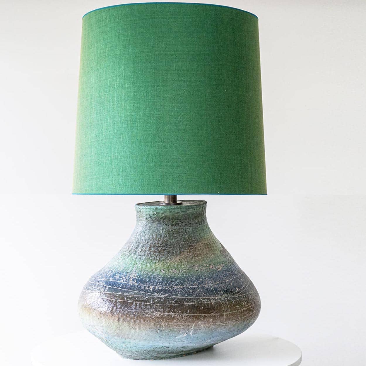 XL Multicolor Squat Bulbous Ceramic Lamp, Green Custom Lampshade by R. Houben