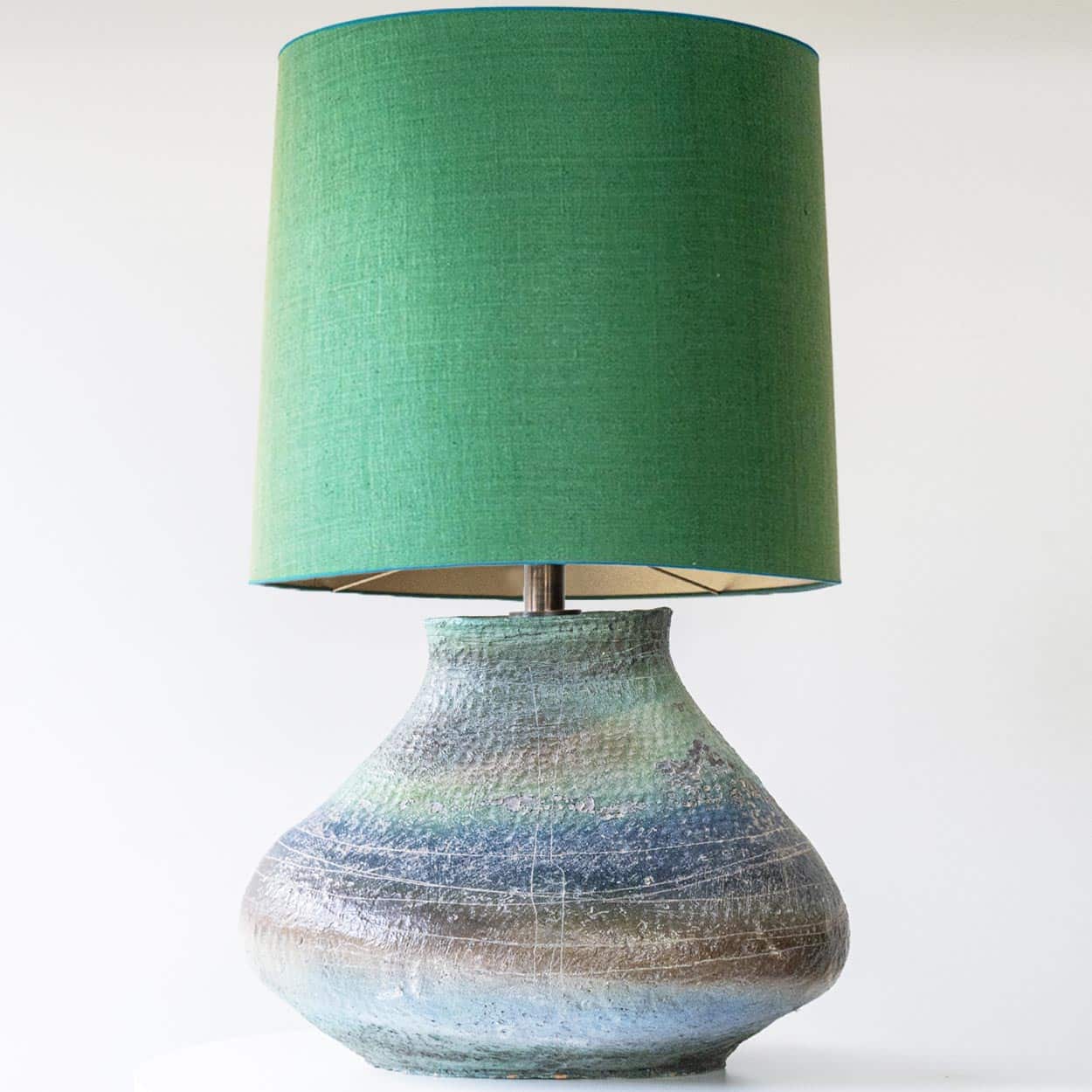 XL Multicolor Squat Bulbous Ceramic Lamp, Green Custom Lampshade by R. Houben