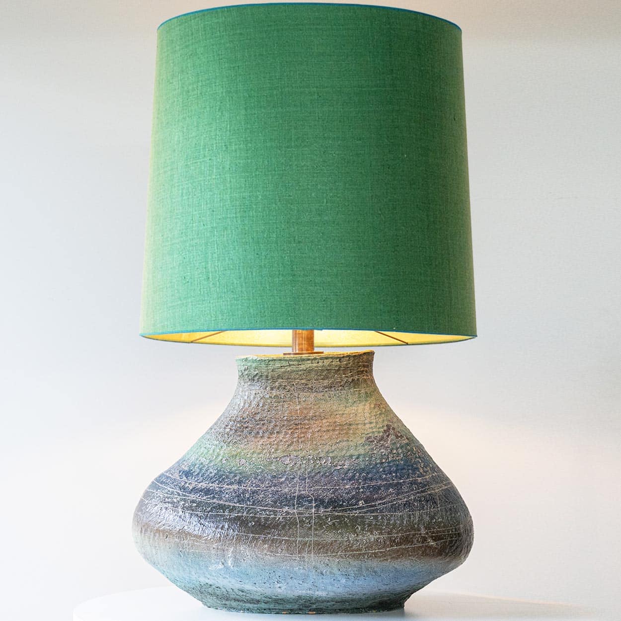 XL Multicolor Squat Bulbous Ceramic Lamp, Green Custom Lampshade by R. Houben