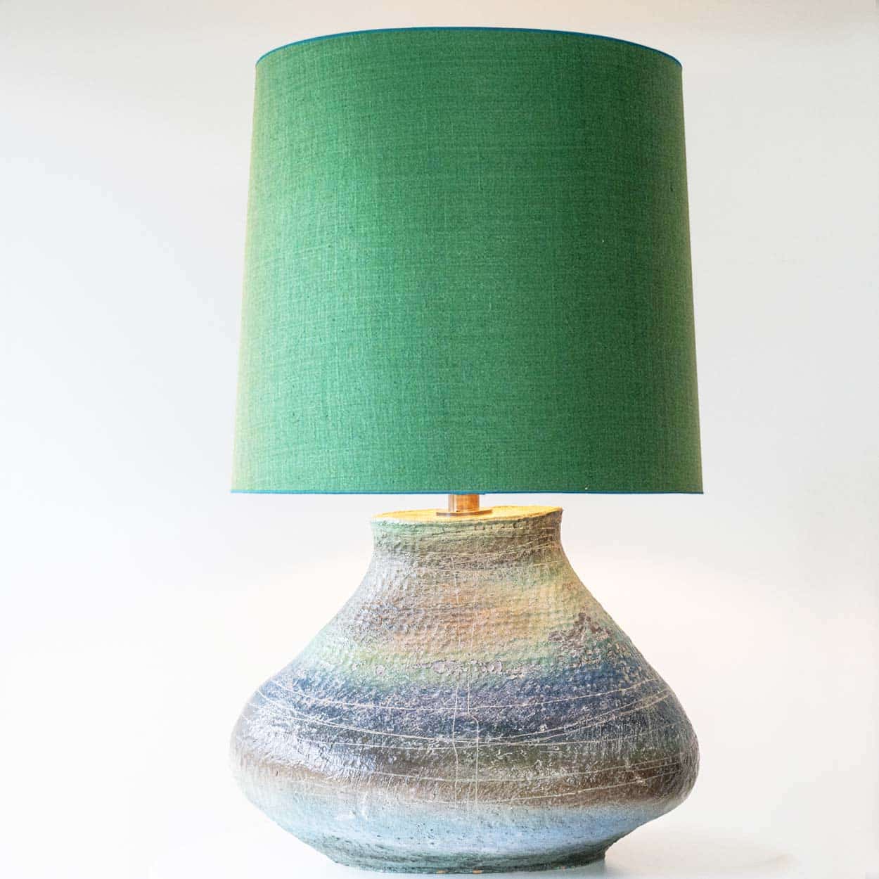 XL Multicolor Squat Bulbous Ceramic Lamp, Green Custom Lampshade by R. Houben