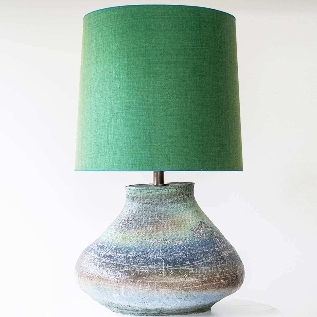 XL Multicolor Squat Bulbous Ceramic Lamp, Green Custom Lampshade by R. Houben