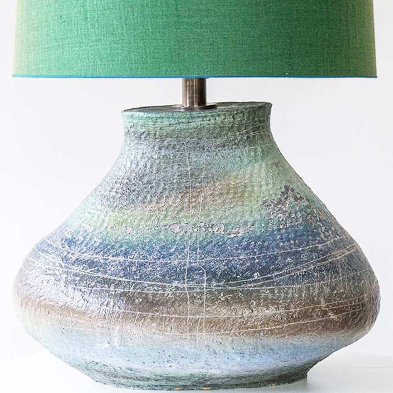 XL Multicolor Squat Bulbous Ceramic Lamp, Green Custom Lampshade by R. Houben