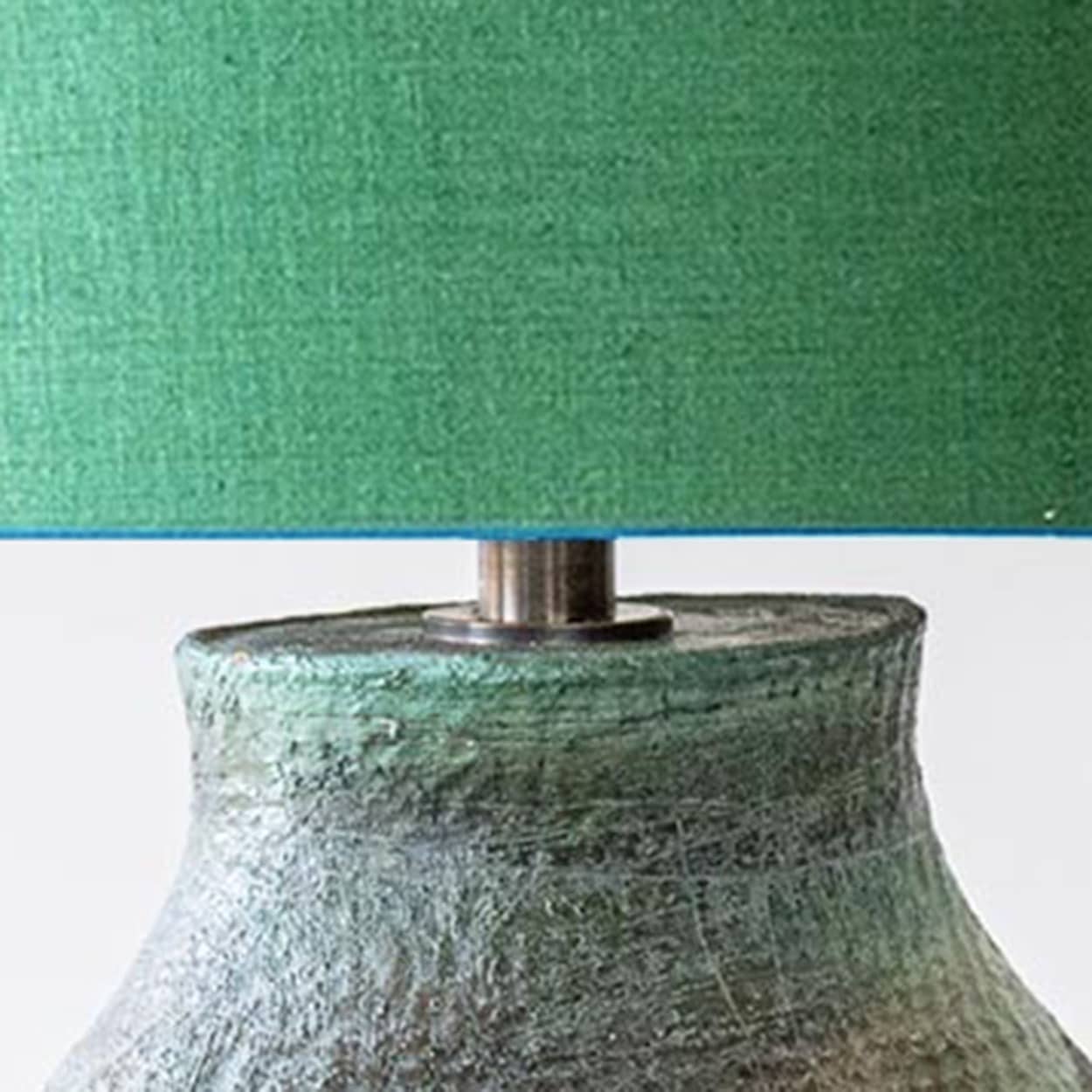 XL Multicolor Squat Bulbous Ceramic Lamp, Green Custom Lampshade by R. Houben
