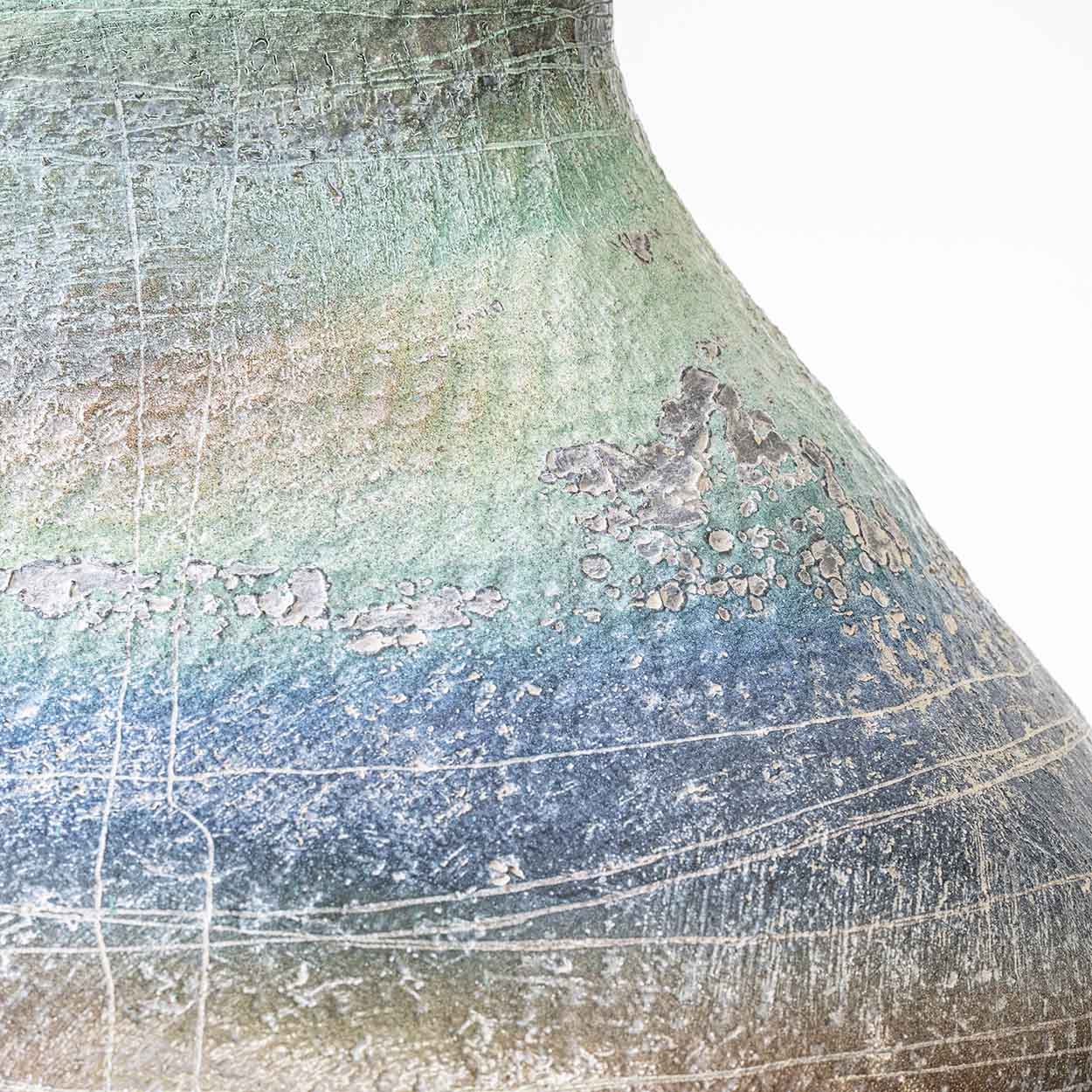 XL Multicolor Squat Bulbous Ceramic Lamp, Green Custom Lampshade by R. Houben