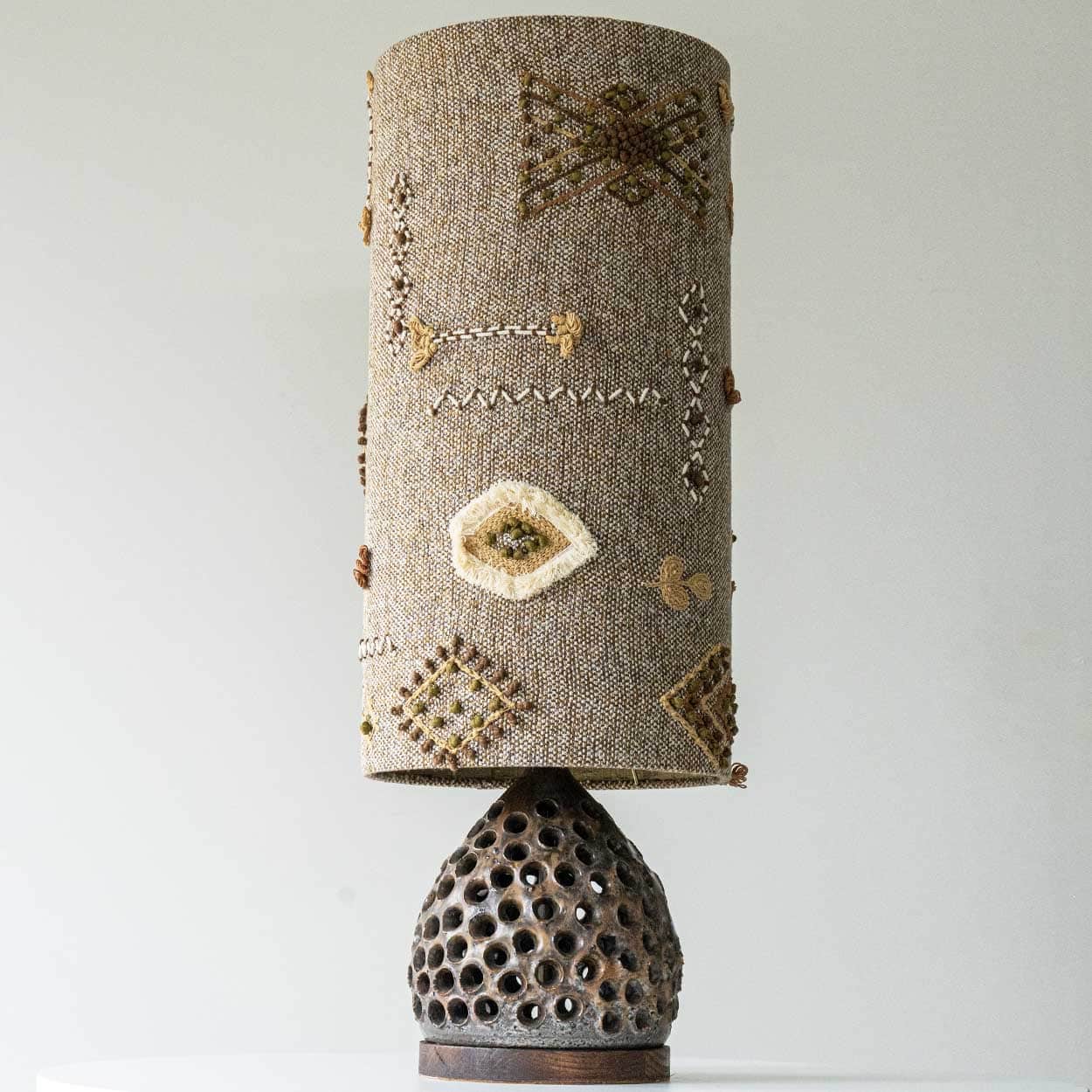Løvemose Ceramic Floor Table Lamp, Custom Made Emboidered Lampshade by R. Houben