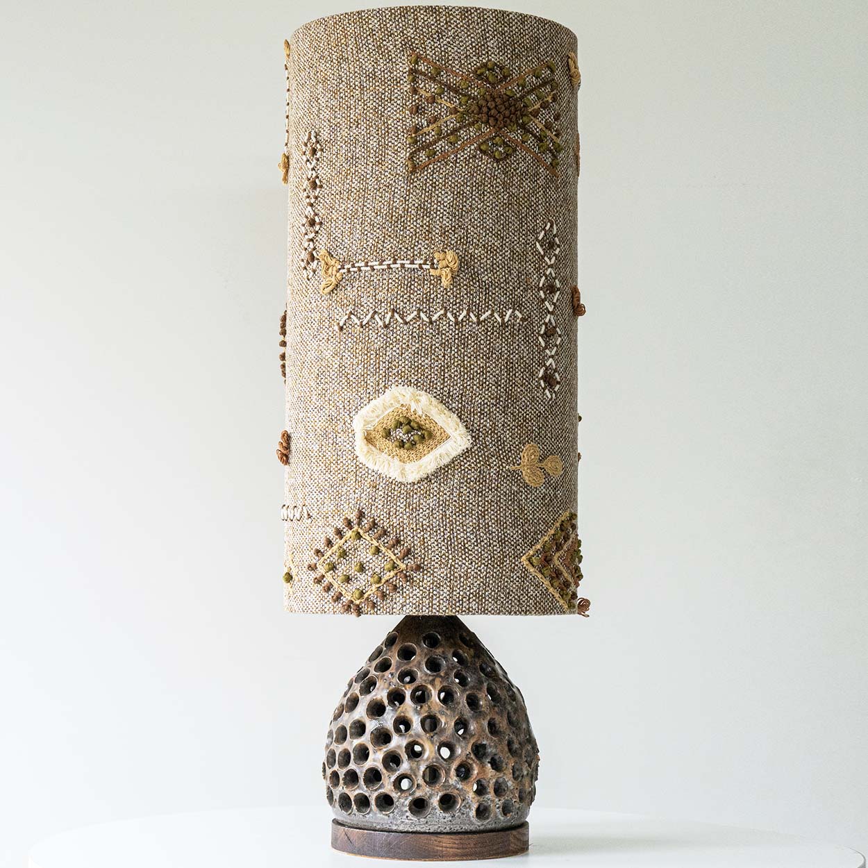 Løvemose Ceramic Floor Table Lamp, Custom Made Emboidered Lampshade by R. Houben