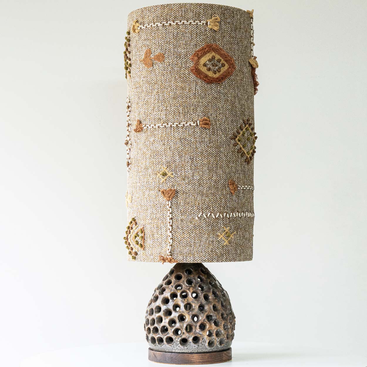 Løvemose Ceramic Floor Table Lamp, Custom Made Emboidered Lampshade by R. Houben