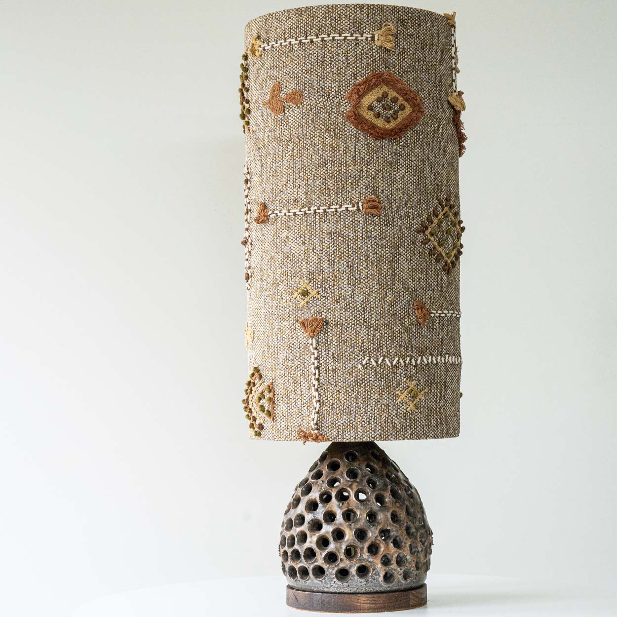 Løvemose Ceramic Floor Table Lamp, Custom Made Emboidered Lampshade by R. Houben