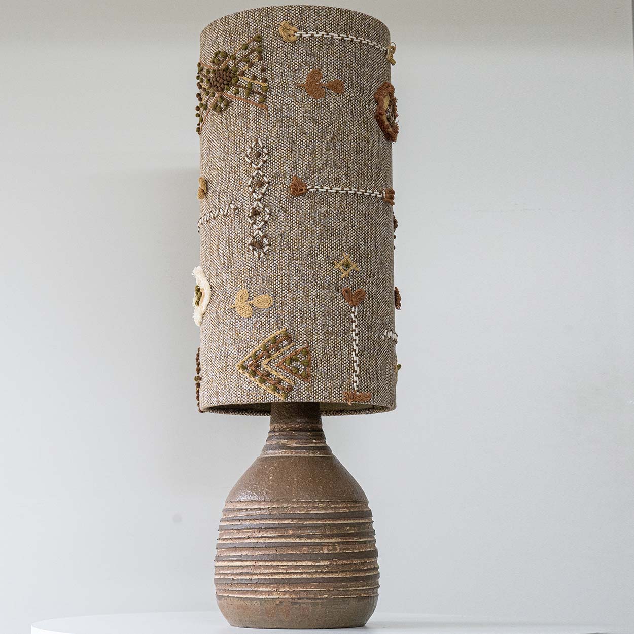 Brown Striped Ceramic Table Lamp, Custom Made Emboidered Lampshade by R. Houben
