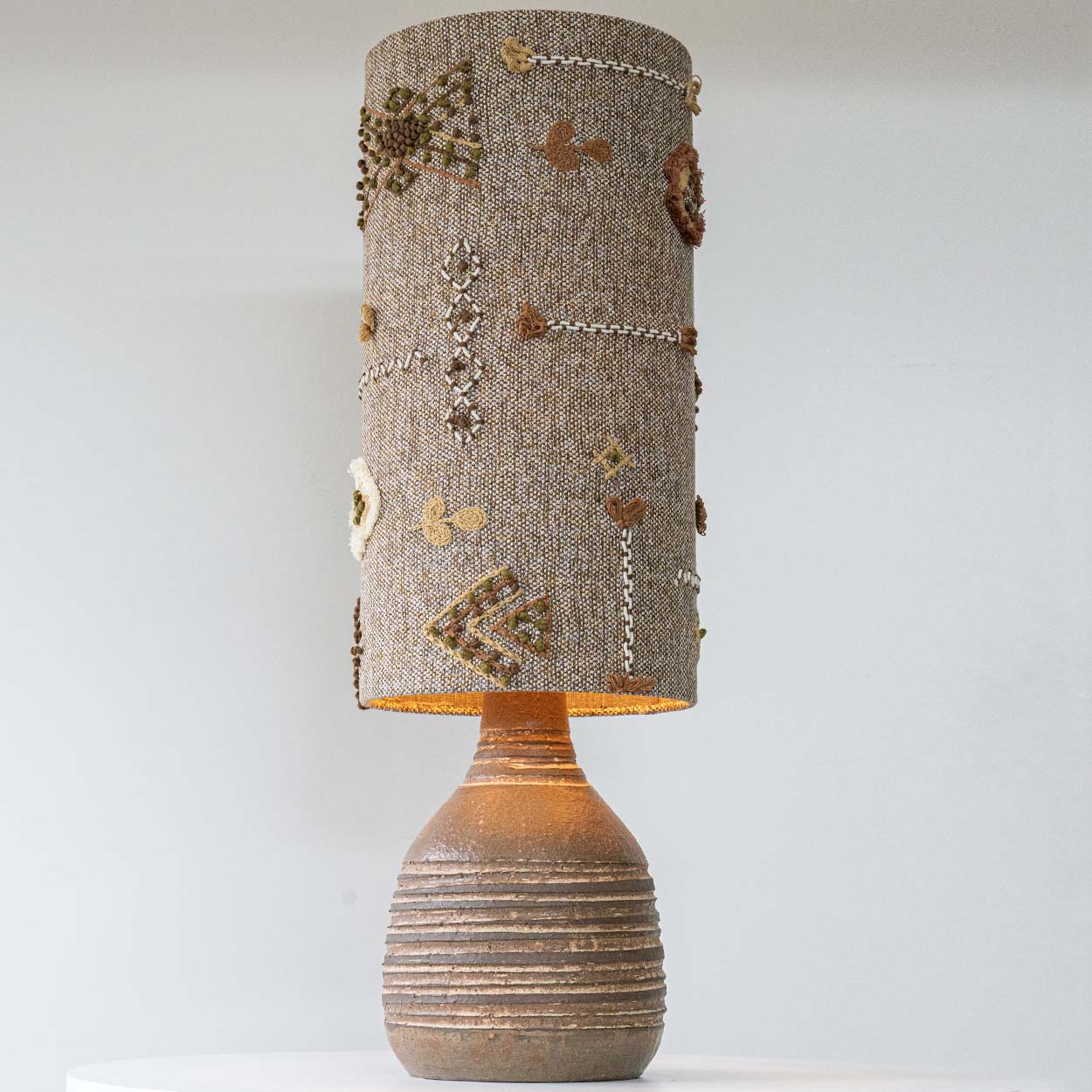 Brown Striped Ceramic Table Lamp, Custom Made Emboidered Lampshade by R. Houben