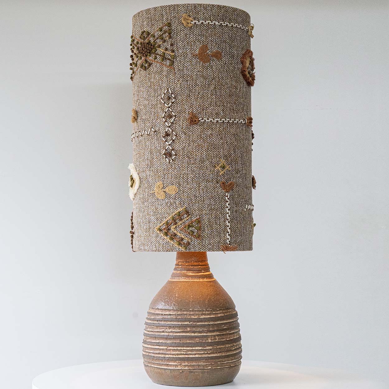 Brown Striped Ceramic Table Lamp, Custom Made Emboidered Lampshade by R. Houben