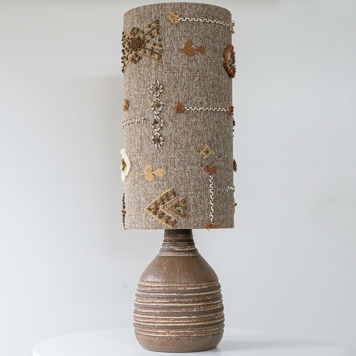 Brown Striped Ceramic Table Lamp, Custom Made Emboidered Lampshade by R. Houben