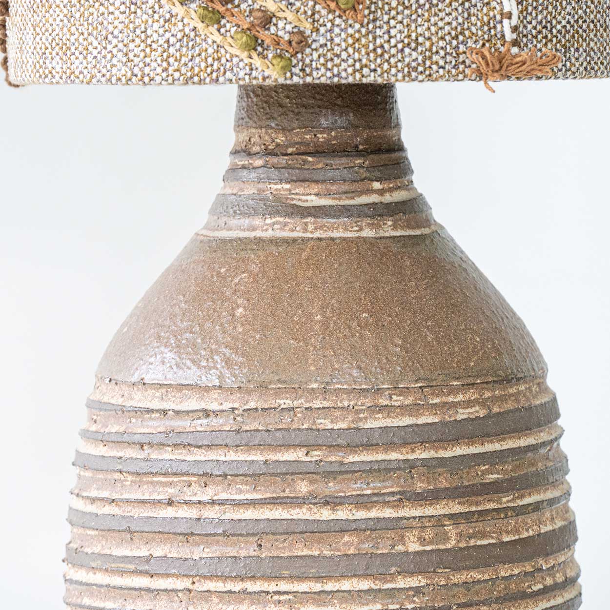 Brown Striped Ceramic Table Lamp, Custom Made Emboidered Lampshade by R. Houben