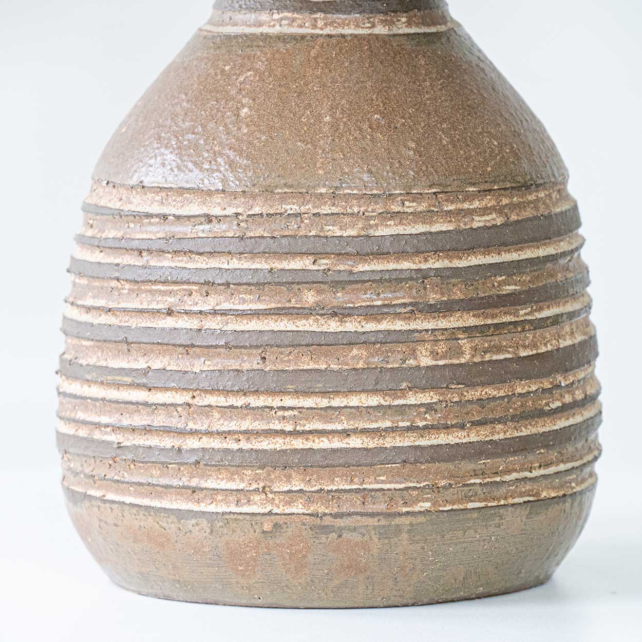 Brown Striped Ceramic Table Lamp, Custom Made Emboidered Lampshade by R. Houben