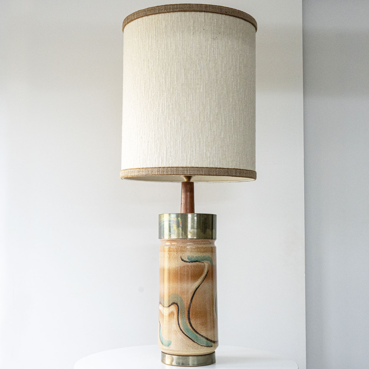 Metal Wood Ceramic Table Lamp, Custom Made Silk Lampshade by R. Houben