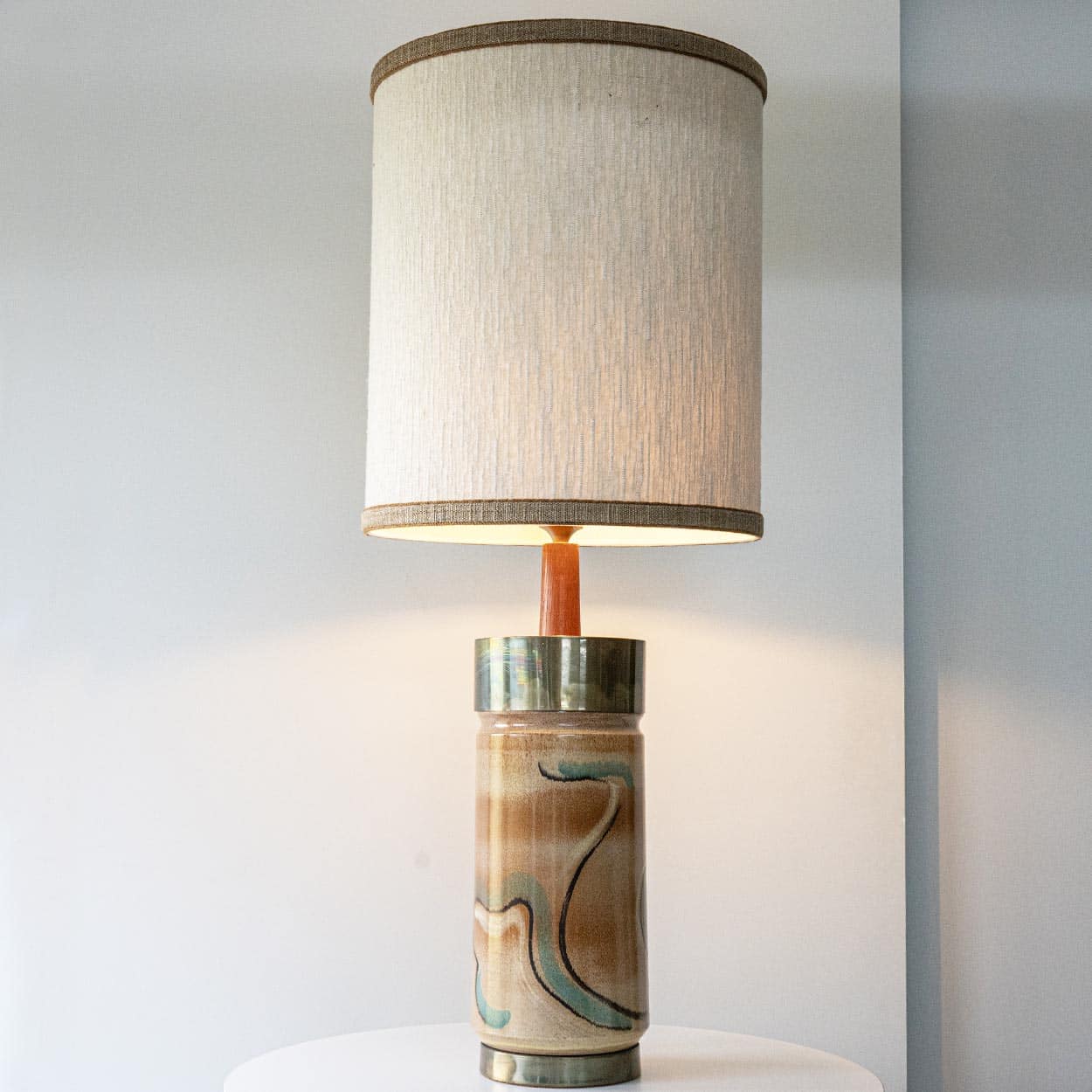Metal Wood Ceramic Table Lamp, Custom Made Silk Lampshade by R. Houben