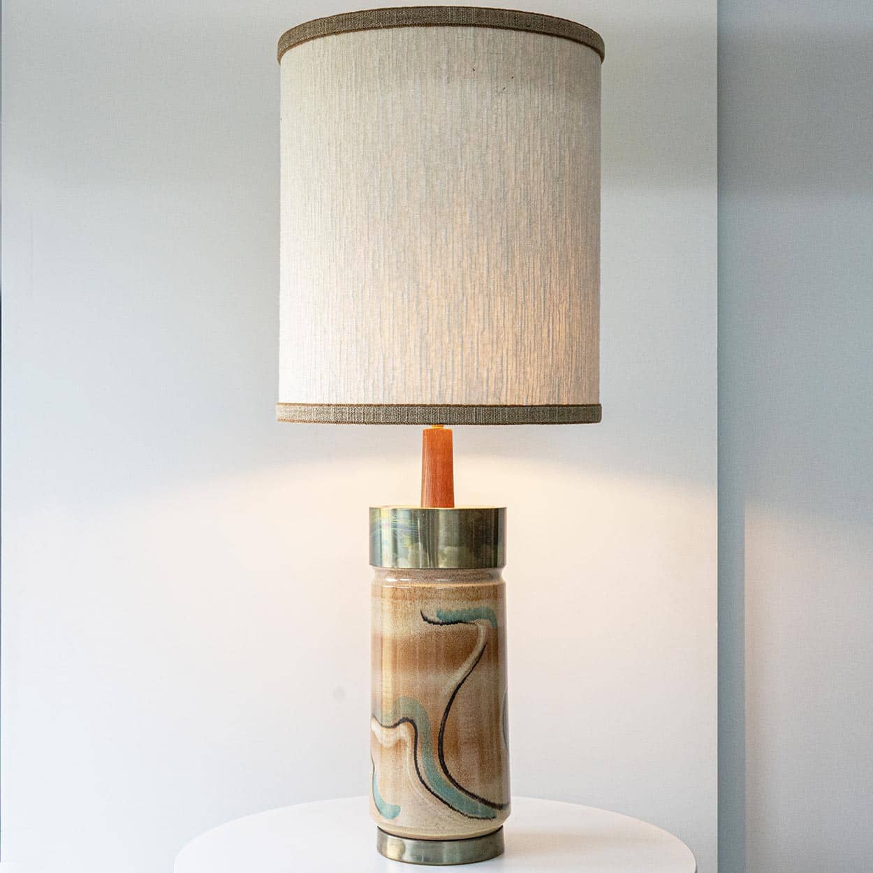 Metal Wood Ceramic Table Lamp, Custom Made Silk Lampshade by R. Houben