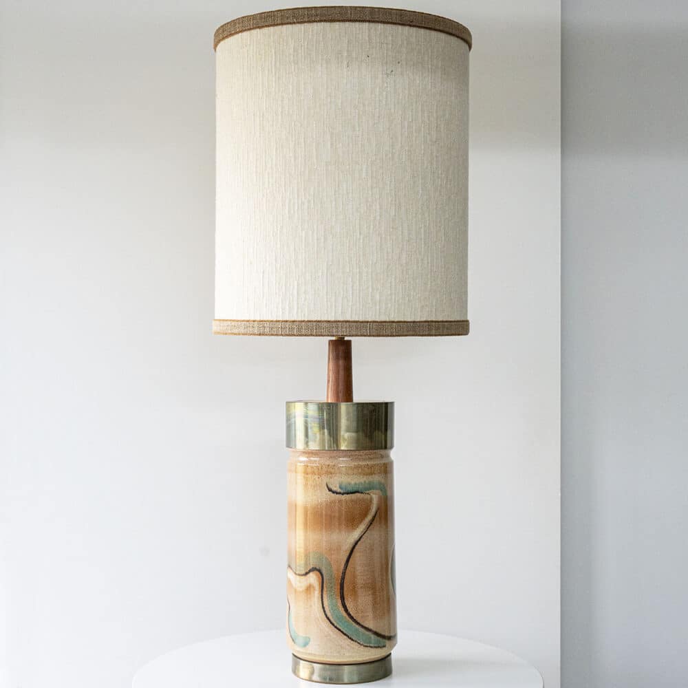 Metal Wood Ceramic Table Lamp, Custom Made Silk Lampshade by R. Houben
