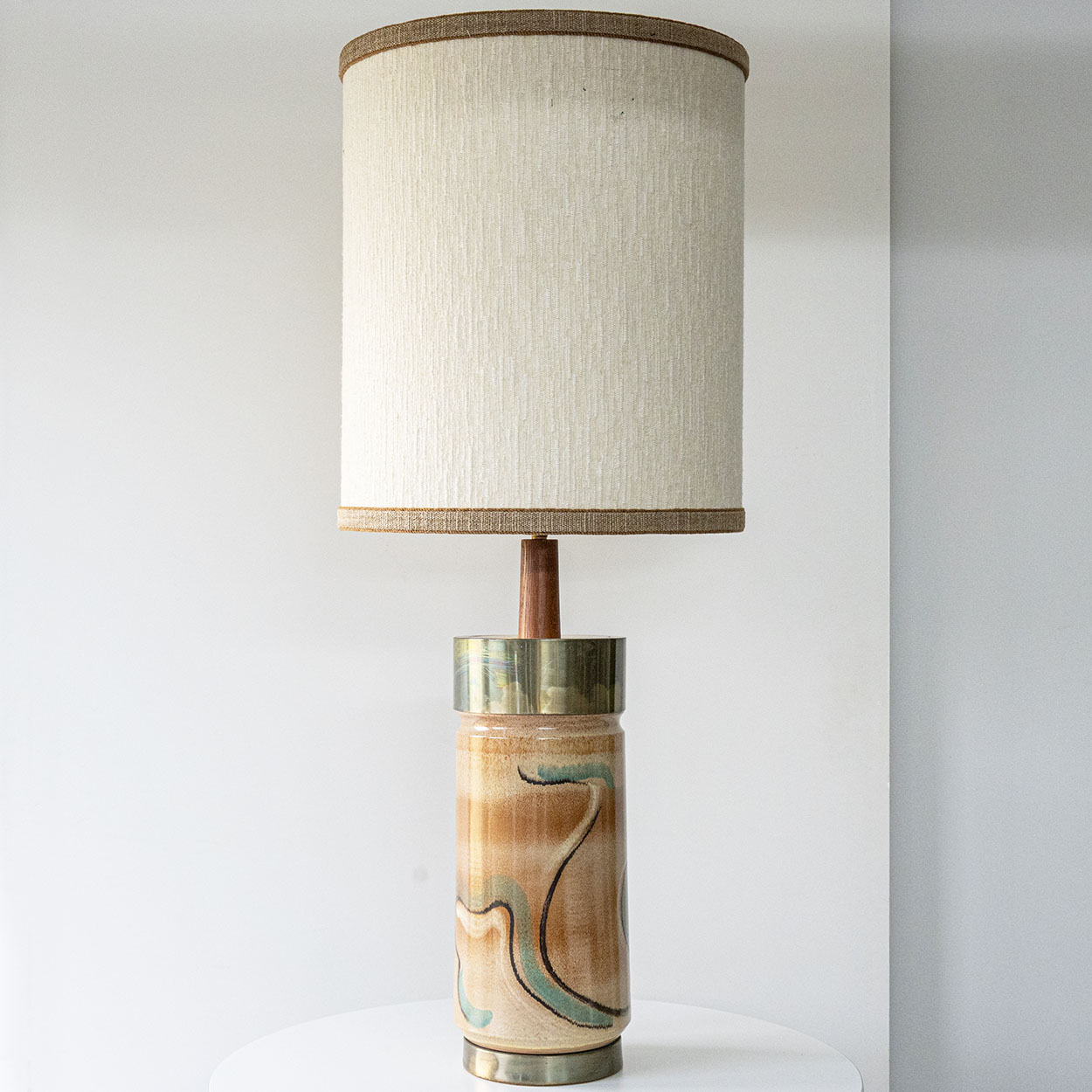 Metal Wood Ceramic Table Lamp, Custom Made Silk Lampshade by R. Houben