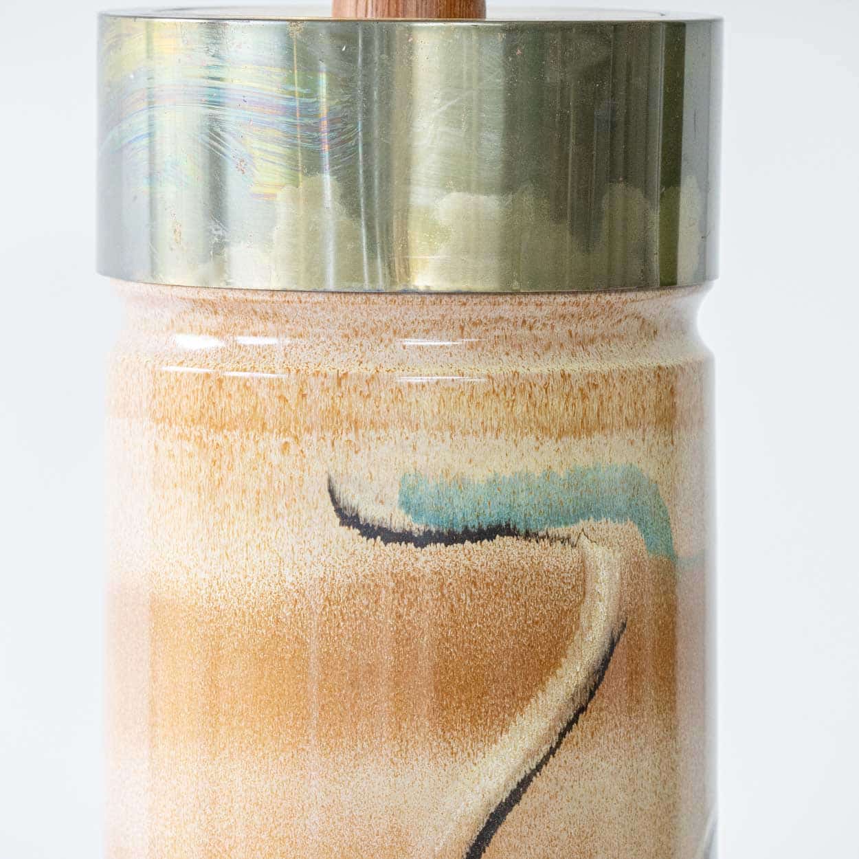 Metal Wood Ceramic Table Lamp, Custom Made Silk Lampshade by R. Houben