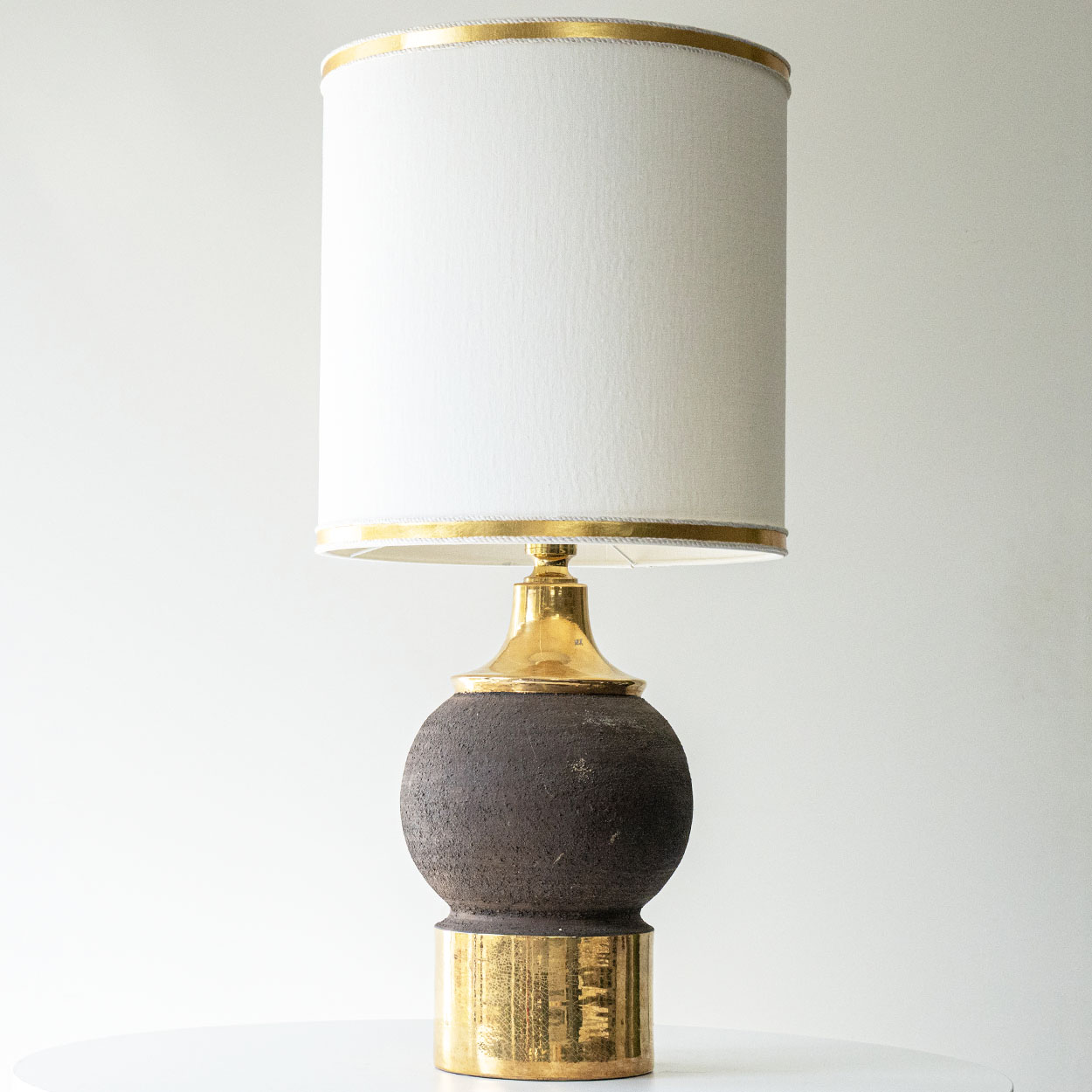 Gold Colored Lamp Round Stone Bitossi, Custom White Gold Lampshade by R. Houben