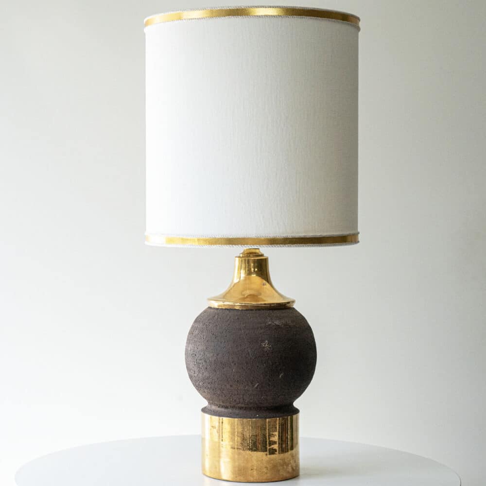 Gold Colored Lamp Round Stone Bitossi, Custom White Gold Lampshade by R. Houben