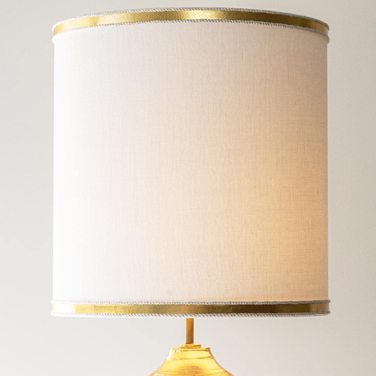1 of the 2 Bitossi Gold Ceramic Lamps, Custom White Gold Lampshades by R. Houben