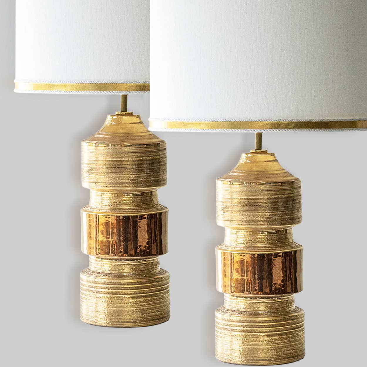 1 of the 2 Bitossi Gold Ceramic Lamps, Custom White Gold Lampshades by R. Houben