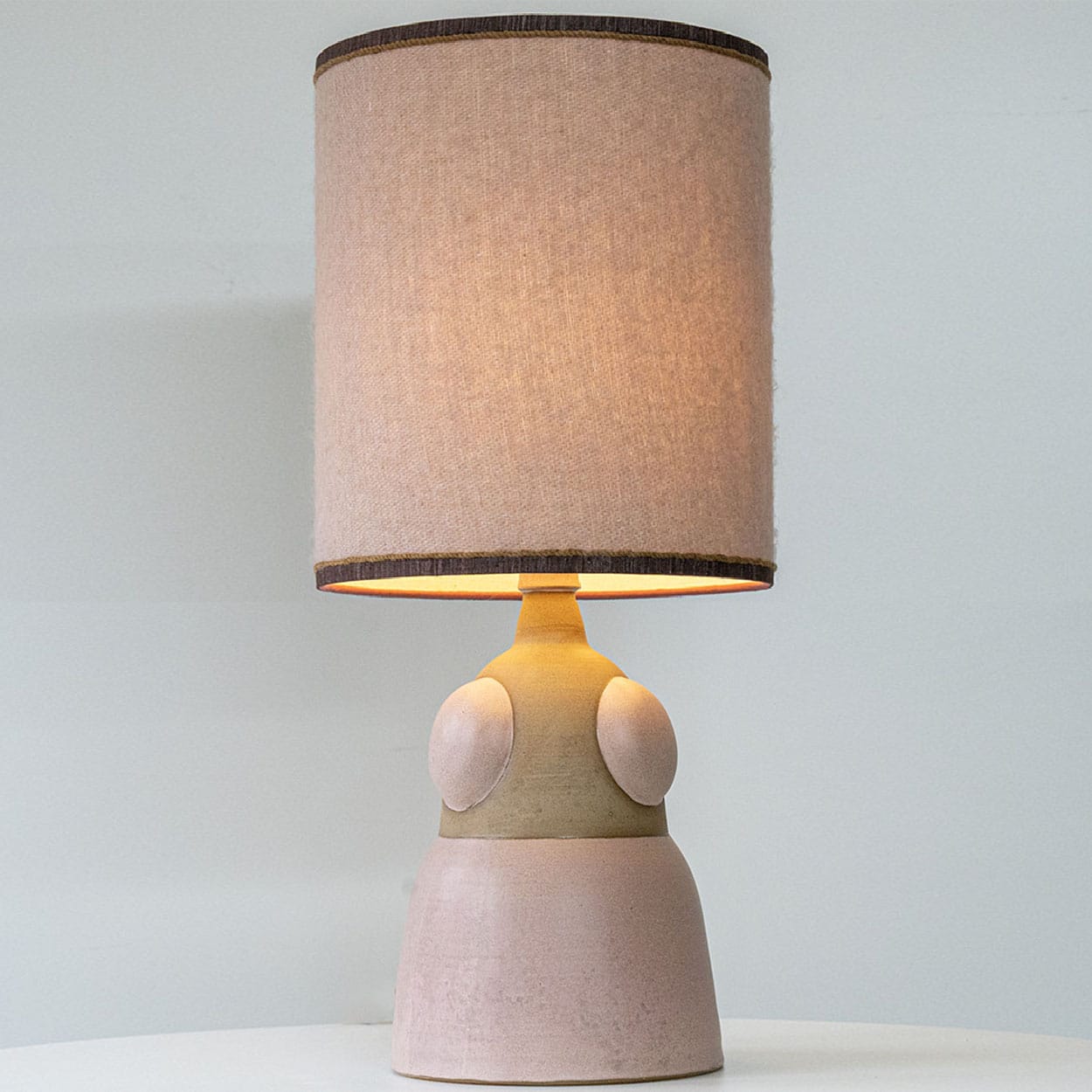 Soft Pink Beige Ceramic Table Lamp, Custom Made Silk Pink Lampshade by R. Houben