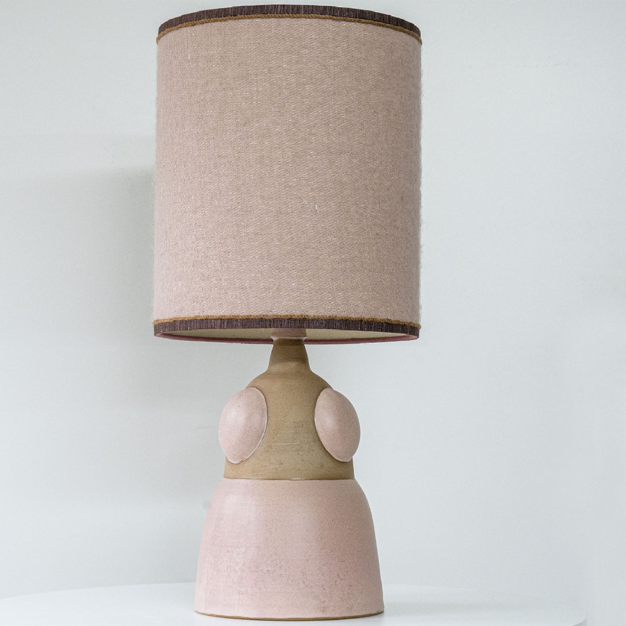 Soft Pink Beige Ceramic Table Lamp, Custom Made Silk Pink Lampshade by R. Houben