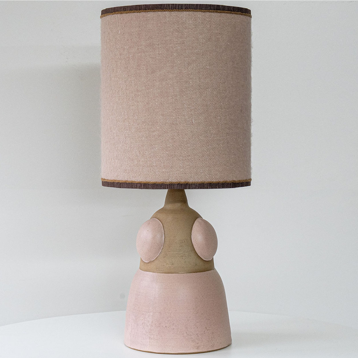 Soft Pink Beige Ceramic Table Lamp, Custom Made Silk Pink Lampshade by R. Houben