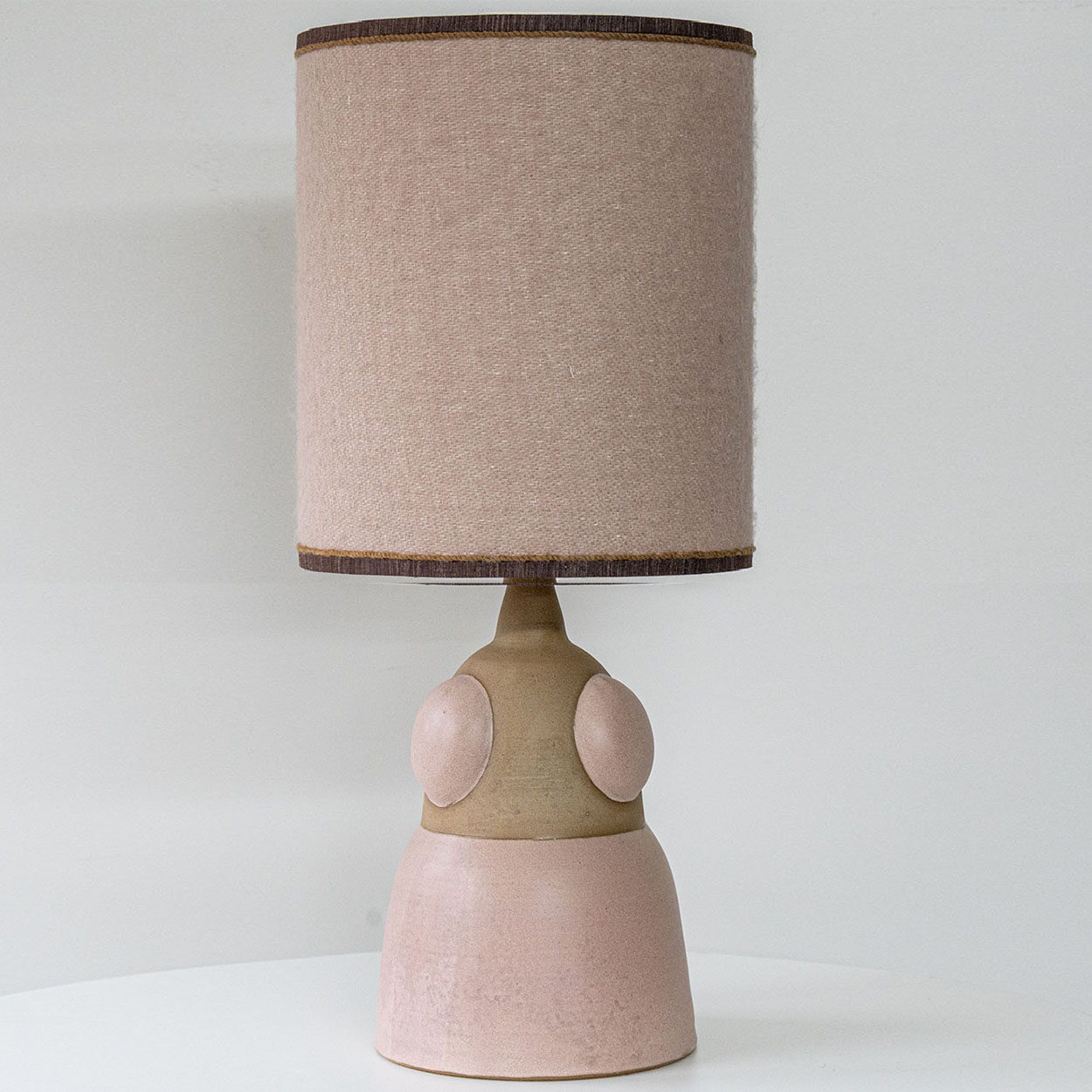 Soft Pink Beige Ceramic Table Lamp, Custom Made Silk Pink Lampshade by R. Houben