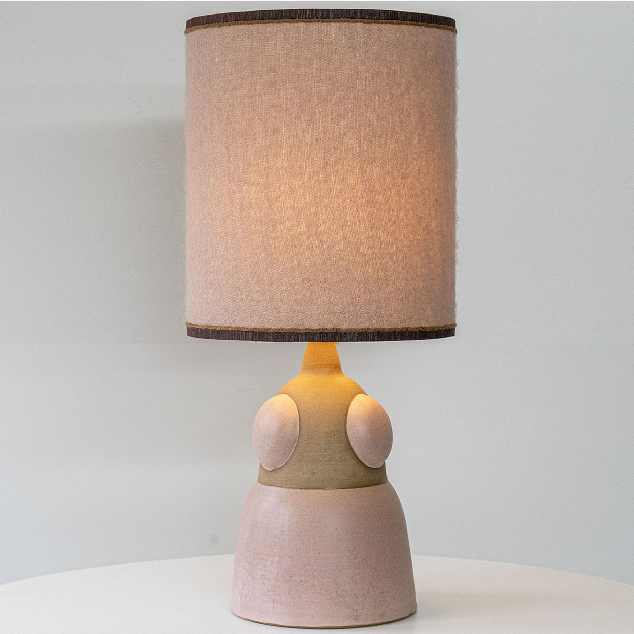 Soft Pink Beige Ceramic Table Lamp, Custom Made Silk Pink Lampshade by R. Houben