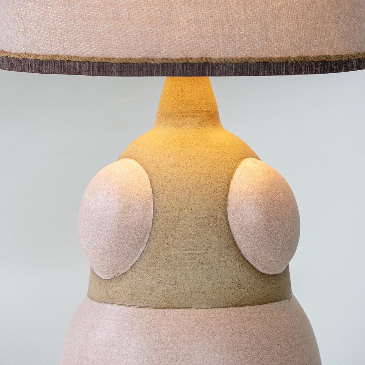 Soft Pink Beige Ceramic Table Lamp, Custom Made Silk Pink Lampshade by R. Houben