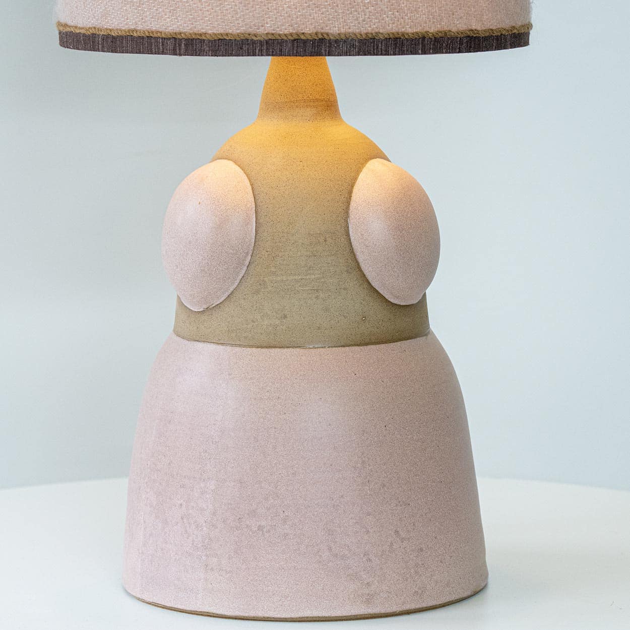 Soft Pink Beige Ceramic Table Lamp, Custom Made Silk Pink Lampshade by R. Houben